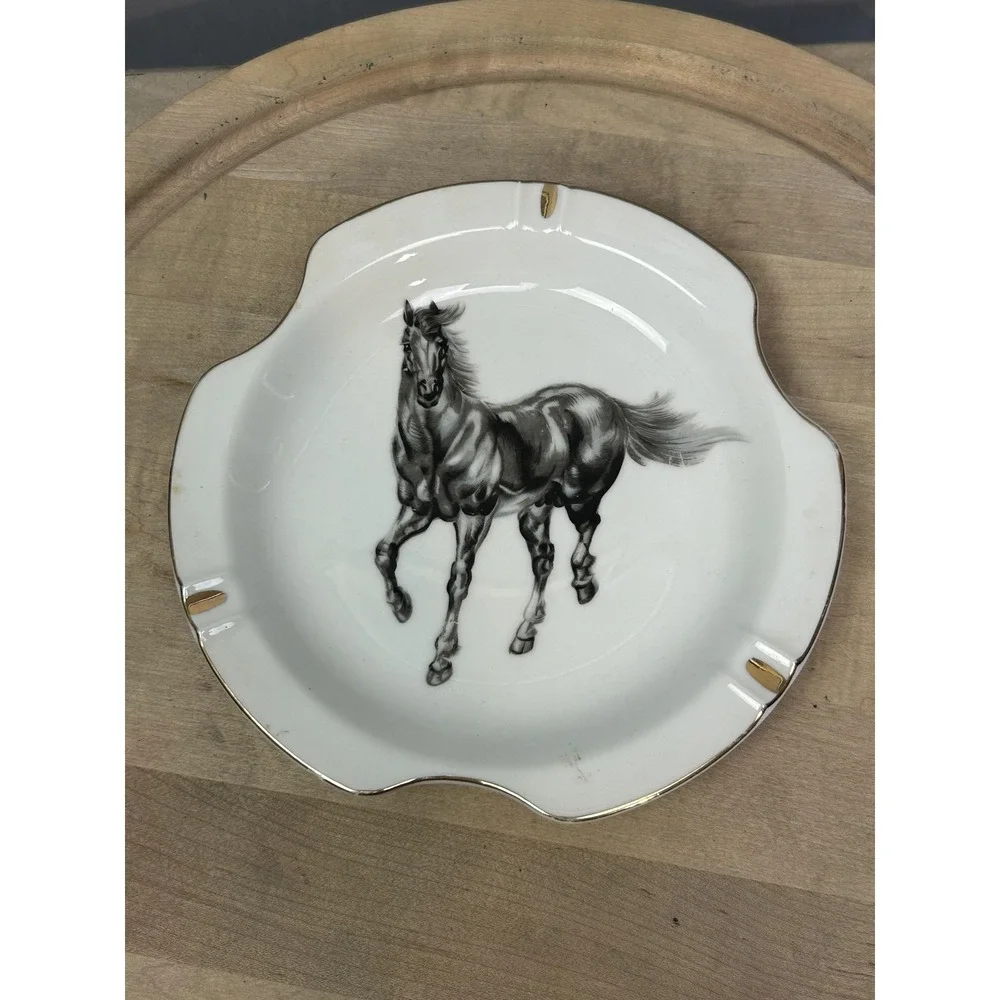 Vintage‎ White Porcelain Horse Ashtray Round Gold Trim Equestrian Decor Smoking
